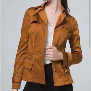 WHBM SHORT TRENCH JACKET COAT COGNAC BROWN SZ S FREE LEATHER TIGER EYE NECKLACE